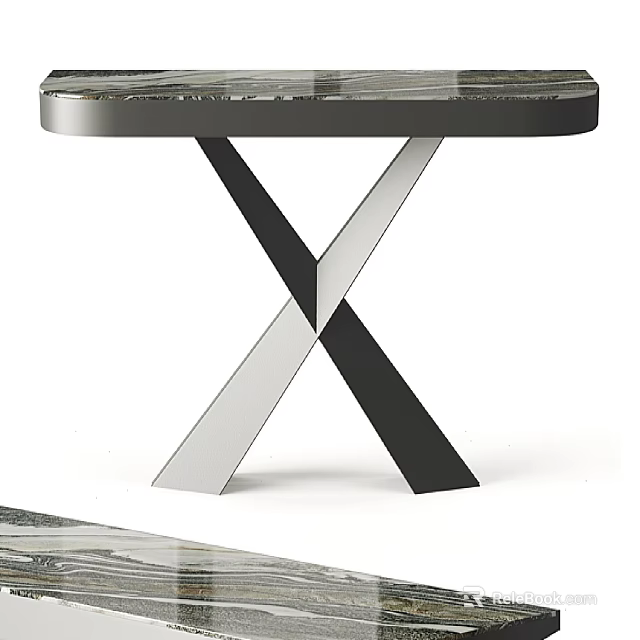 Modern Round Top Side Table With Crossed Black And Silver Metal Legs 3d model 