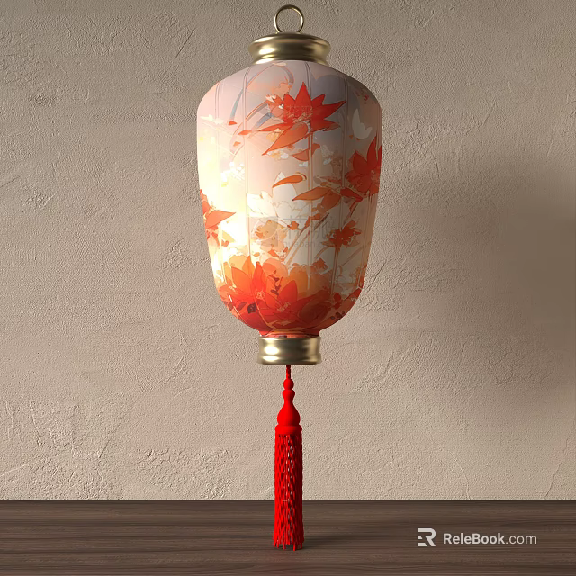 Traditional White Lantern With Red Maple Leaf Patterns And Red Tassel On Light Textured Wall 3d model
