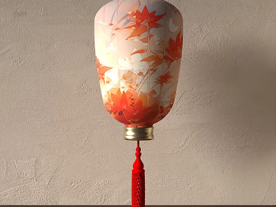 Traditional White Lantern With Red Maple Leaf Patterns And Red Tassel On Light Textured Wall 3d model