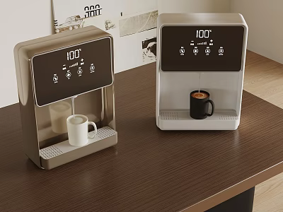 Modern Instant Hot Water Dispensers On Wooden Table With Digital Display And Mugs 3d model