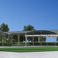 Outdoor Canopy Structure With Metal Frame Under Blue Sky And Green Lawn