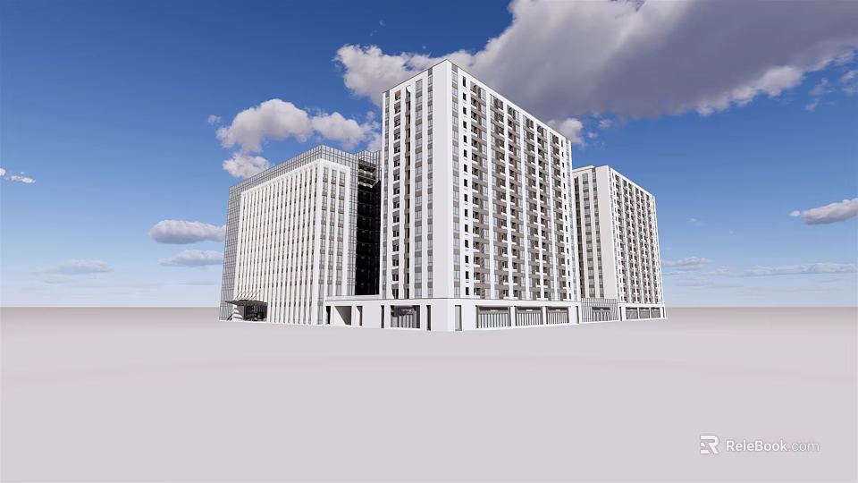 Modern White High Rise Building Complex With Blue Sky And Clouds 3d model