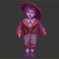 Childrens Vintage Doll With Large Hat Brown Orange Coat Green Plaid Shorts And Purple Shoes
