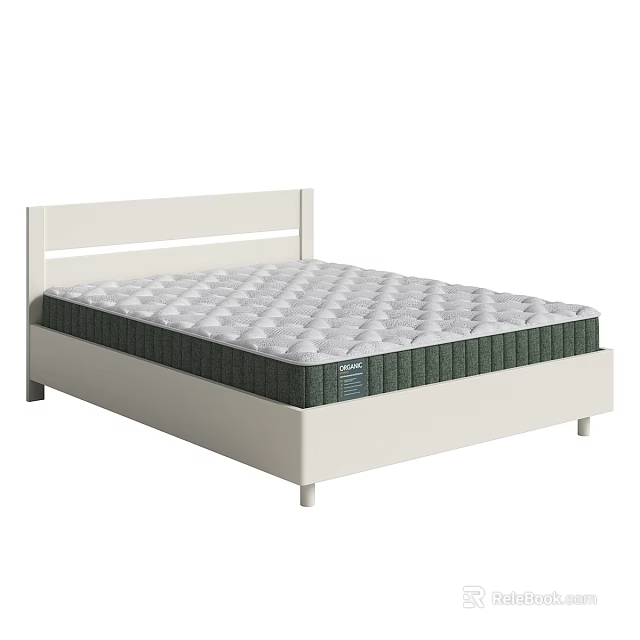 Modern Double Bed with White Frame and Green Supportive Quilted Mattress Design 3d model 
