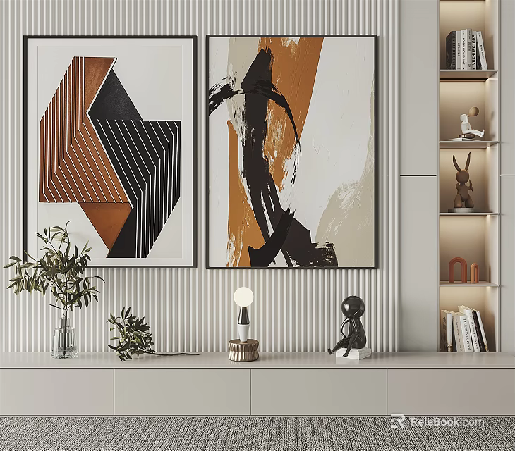 Modern Interior With Abstract Paintings Green Plants Decorative Figurine And Striped Wall 3d model 