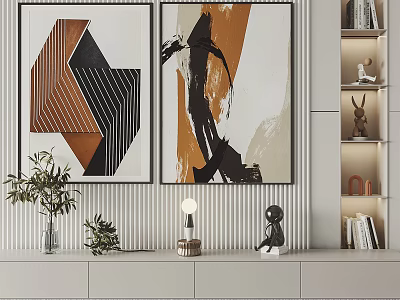 Modern Interior With Abstract Paintings Green Plants Decorative Figurine And Striped Wall 3d model