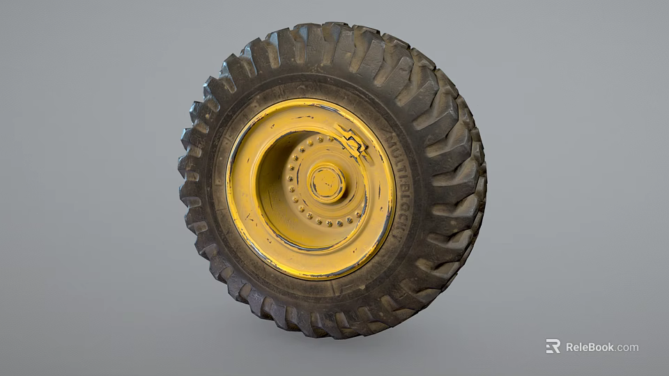 Heavy Duty Off Road Tire With Deep Tread And Yellow Metal Rim Design 3d model 