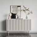 White Vertical Slat Console Table With Table Lamp And Flower Vase In Entryway 3d model