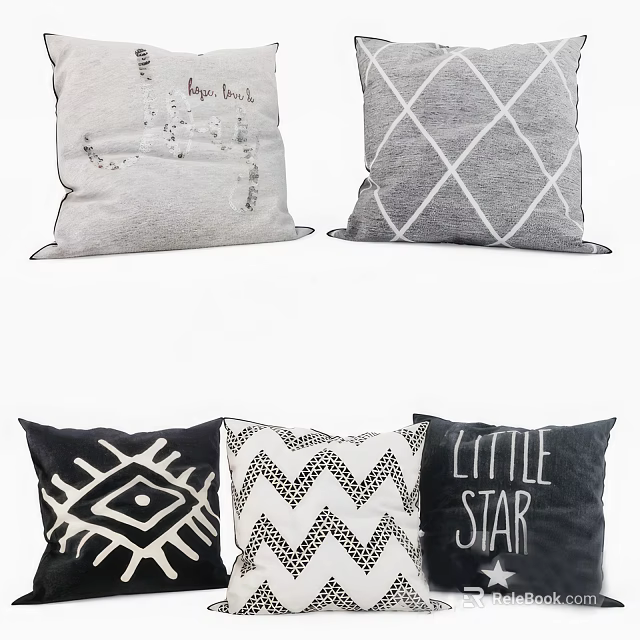 Modern Black And White Decorative Throw Pillows With Geometric Patterns Text Print 3d model