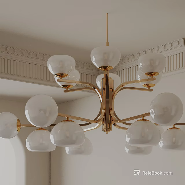 Elegant Classic Chandelier With Golden Metal Frame And White Glass Globes For Ceiling Decor 3d model 