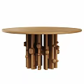Round Wooden Dining Table with Unique Leg Design Featuring Wooden Posts and Circular Decorative Elements 3d model