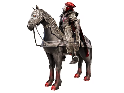 Medieval Armored Knight Game Character Mounted On Decorated Horse With Detailed Armor 3d model