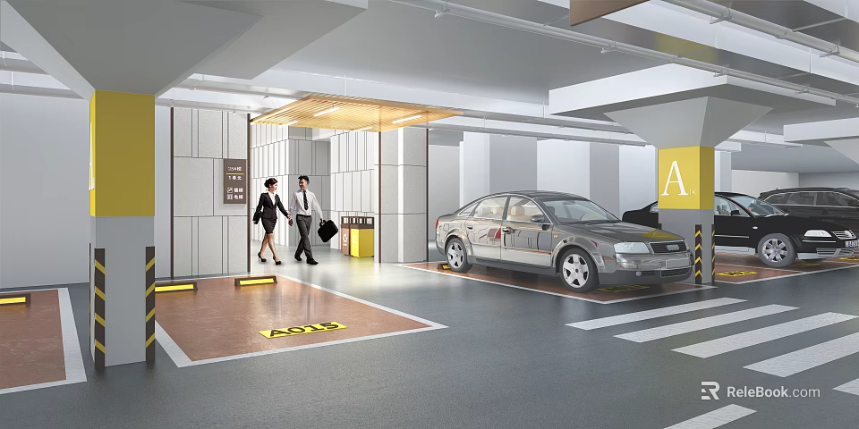 Modern Parking Garage With People Entering Silver Car Parked Entrance Signage And Clean Environment 3d model 