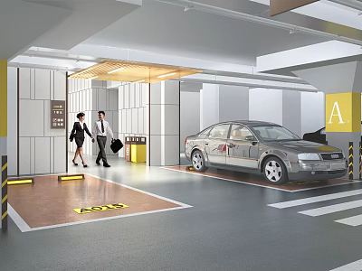 Modern Parking Garage With People Entering Silver Car Parked Entrance Signage And Clean Environment 3d model