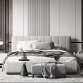 Modern Bedroom Interior With Upholstered Bed Striped Wall Panels Pendant Lights Rug And Bench