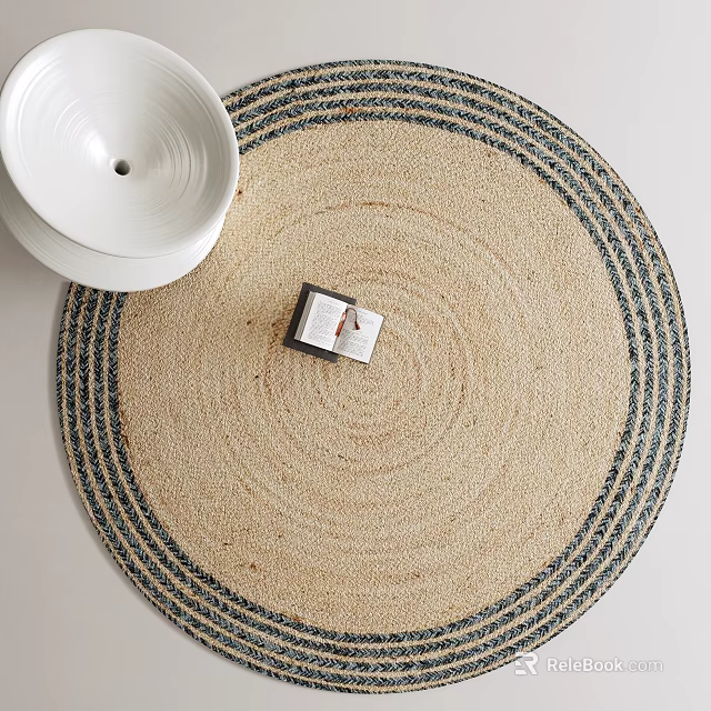 Beige Round Rug With Dark Border And Decorative Box Near White Ceramic Bowl 3d model 