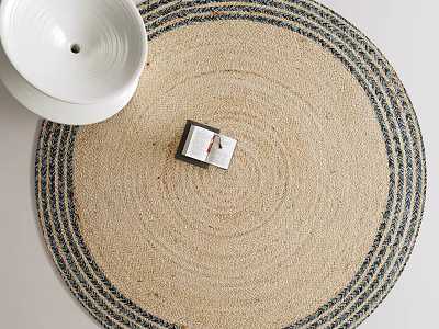 Beige Round Rug With Dark Border And Decorative Box Near White Ceramic Bowl 3d model