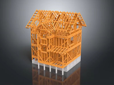 Wooden Frame House Construction With Structural Beams Columns And Concrete Base 3d model