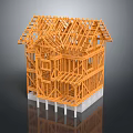 Wooden Frame House Construction With Structural Beams Columns And Concrete Base 3d model