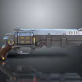 Futuristic Sci Fi Weapon Gun With Metallic Body Yellow Accents And Brown Grip