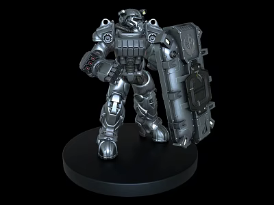 Silver Mechanical Game and Movie Robot Character With Shield Standing on Black Base 3d model