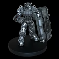 Silver Mechanical Game and Movie Robot Character With Shield Standing on Black Base