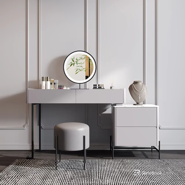 White Dressing Table With Round Mirror Green Plant Pattern Drawers Gray Stool And Side Cabinet 3d model