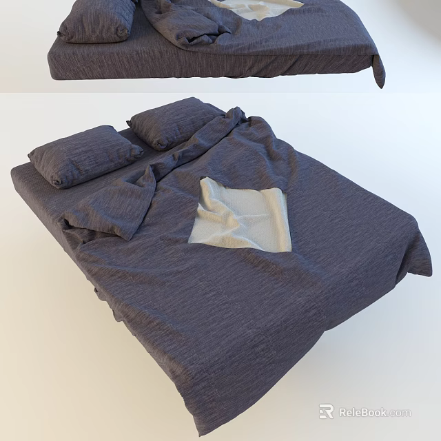 Dark Colored Double Bed With Linen Sheets Pillows And Light Cloth 3d model 