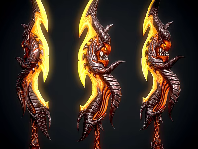 Character Wielding Demon Inspired Flaming Weapons With Fiery Creature Designs 3d model