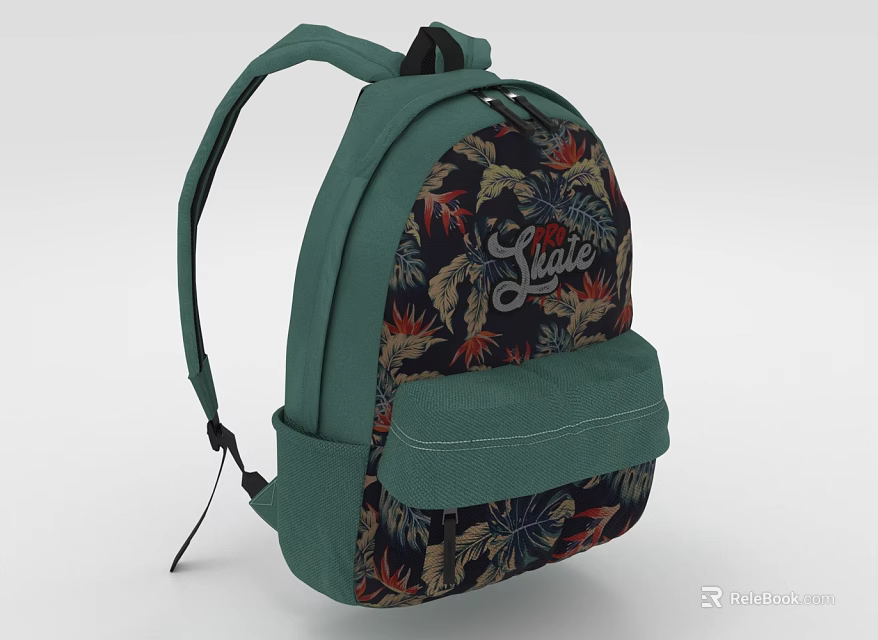 Green Floral Pattern Backpack With Front Pocket And Embroidered Julie Name 3d model