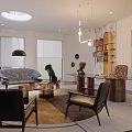 Modern Office Interior Design With Hanging Lights Sofa Black Sculpture Bookshelf Table Chairs