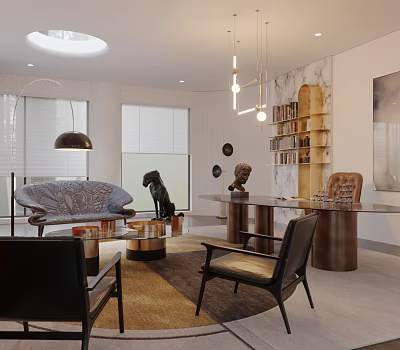 Modern Office Interior Design With Hanging Lights Sofa Black Sculpture Bookshelf Table Chairs 3d model