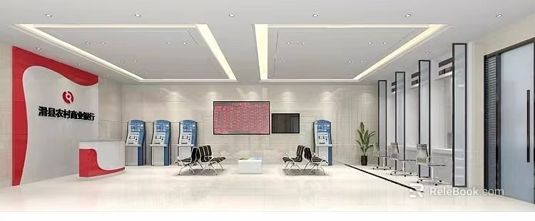 Bank Lobby With Modern Interior Design Waiting Chairs Information Screens And Self Service Kiosks 3d model 