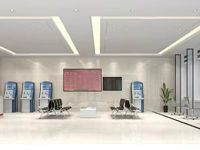 Bank Lobby With Modern Interior Design Waiting Chairs Information Screens And Self Service Kiosks 3d model