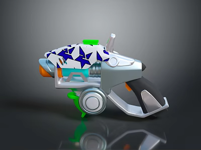 Futuristic Weapon With Blue White Star Pattern Green Accents Silver Body And Black Grip 3d model