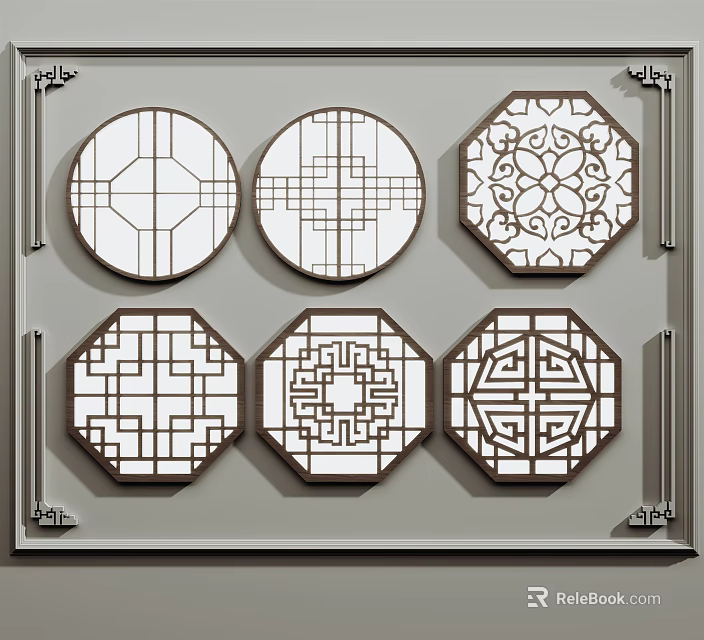 Lattice Windows With Various Traditional Geometric Floral Patterns And Circular Octagonal Shapes 3d model 