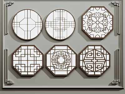 Lattice Windows With Various Traditional Geometric Floral Patterns And Circular Octagonal Shapes 3d model