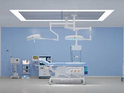 Modern Operating Room Interior With Surgical Bed Lights Medical Equipment Blue Walls And Setup 3d model