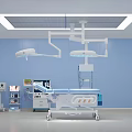 Modern Operating Room Interior With Surgical Bed Lights Medical Equipment Blue Walls And Setup