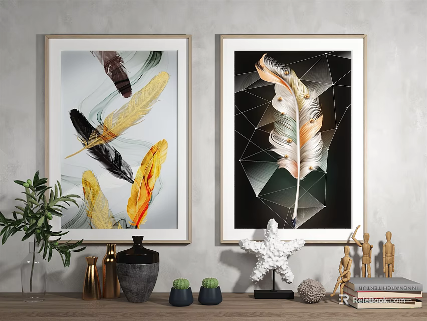 Feather Themed Wall Art With Geometric Patterns For Modern Interior Decor With Green Plant 3d model 