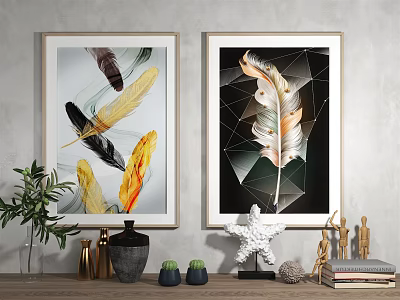 Feather Themed Wall Art With Geometric Patterns For Modern Interior Decor With Green Plant 3d model
