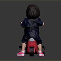Little Girl Riding Red Toy Scooter With Basket On Black Background
