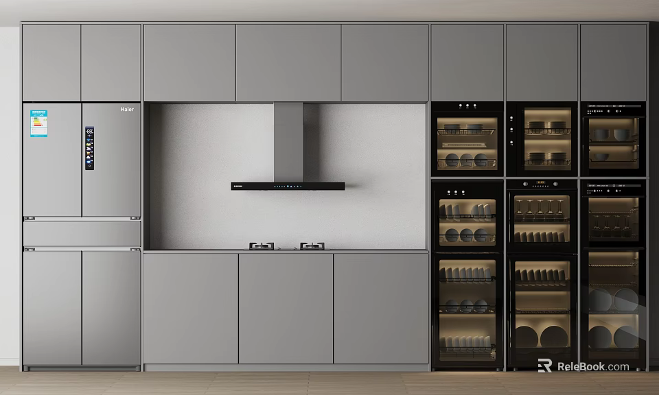 Modern Kitchen With Gray Cabinets Wine Racks And Stainless Steel Appliances 3d model 