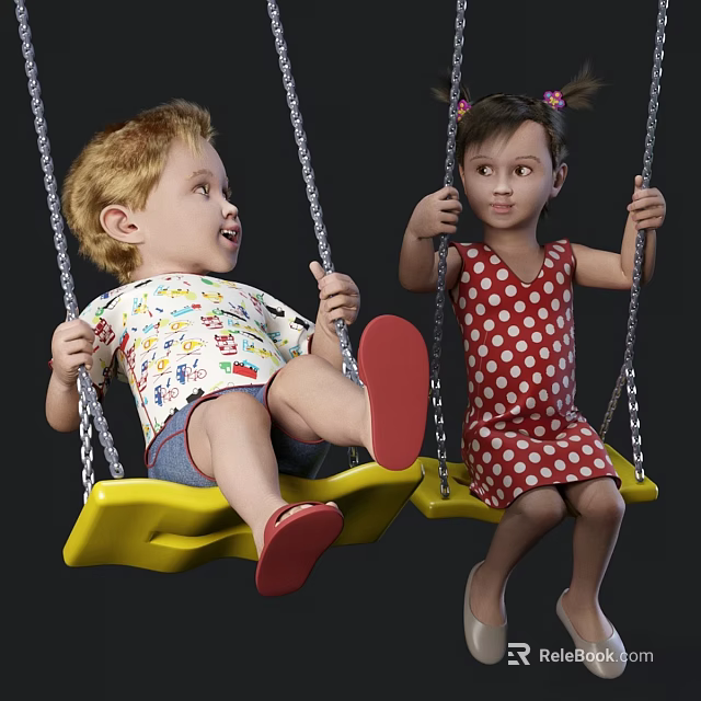 Kids Playing On Swings With Reptile Themed Decor In Outdoor Play Area 3d model 