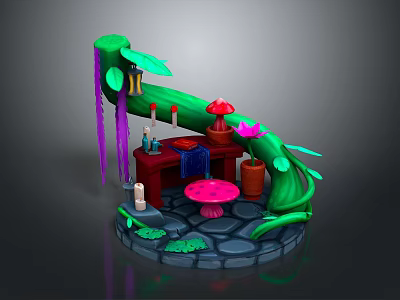 Natural Style Desk with Green Vines Leaves Mushrooms Candles Bottles and Cloth on Stone Floor 3d model