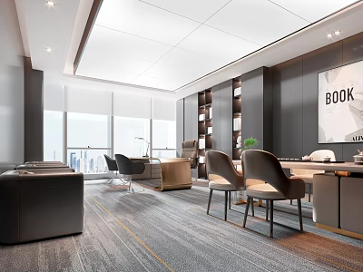 Modern Office Interior With Large Windows Desk Chairs Bookshelf Carpet Green Plant And Wall Art 3d model