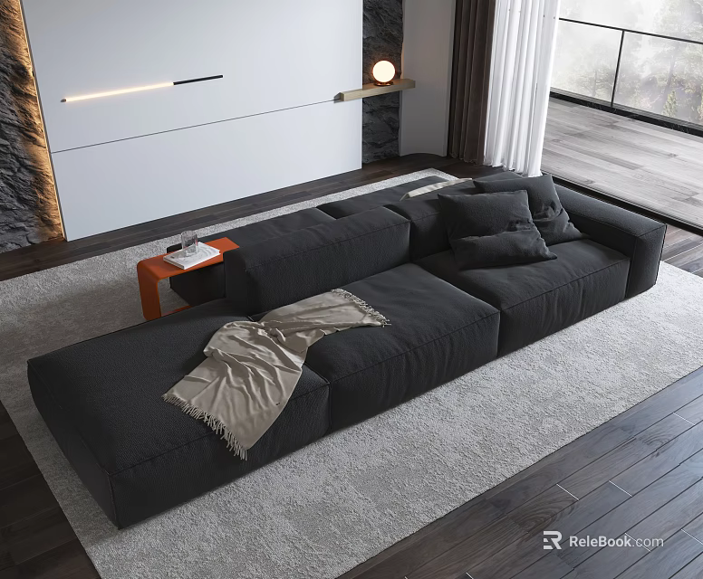 Modern Sofa and Coffee Table Set with Black Fabric Throw Pillows Wooden Table and Rug 3d model 