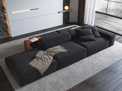 Modern Sofa and Coffee Table Set with Black Fabric Throw Pillows Wooden Table and Rug 3d model