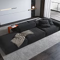Modern Sofa and Coffee Table Set with Black Fabric Throw Pillows Wooden Table and Rug
