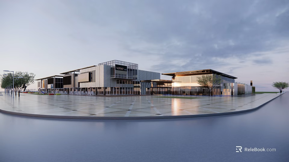 Modern Sales Office Building Exterior With Glass Curtain Wall Open Plaza And Reflective Pool 3d model 